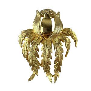 Vintage Deltah Gold Tone Floral Brooch With Rhinestone Accents